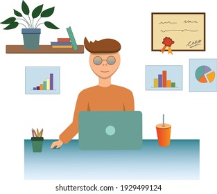ilustración de un joven que trabaja en una laptop en casa o en la oficina