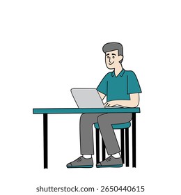 ilustração de um jovem que trabalha em um laptop em uma mesa. Estilo plano simples adequado para conceitos como trabalho remoto, estudo, freelance ou educação