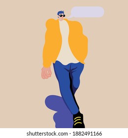 
illustration of a young man in a yellow sweater with a speech bubble