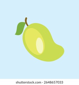 Illustration of a young mango fruit in sparkling green and small leaves, suitable for tropical fruit, freshness, healthy food and nature lifestyle themes.