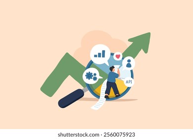 An illustration of a young marketer or businessman examining an upward green arrow graph using a large magnifying glass. The graph contains various KPI data, symbolizing growth, analytics.