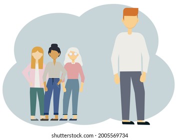 Illustration eines jungen Mannes, vor dessen Hintergrund es viele junge Frauen gibt. Gute Wahl für Beziehungen