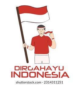 illustration of young men celebrating Indonesia's independence day with red and white attributes, eps file