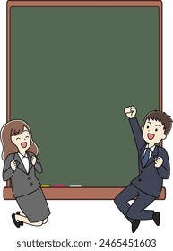 Illustration of young men and women in suits jumping in front of a blackboard