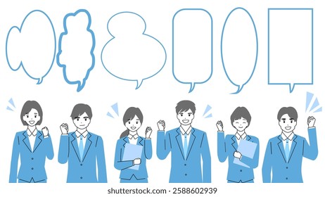 Illustration of young men and women in suits posing with guts. There is a speech balloon above.