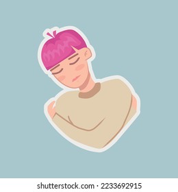 Illustration of young modern woman with pink hair. Self care, self love. Happy girl hugging herself. 
International Women's Day. Woman after therapy. Vector sticker.
