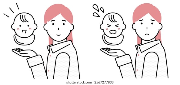 Illustration of young mother and baby's face variations, childcare support image