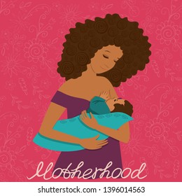 Illustration of a young mother breastfeeding her baby. A postcard with the words motherhood. Vector illustration. For medical posters, design postcards, banners and more.