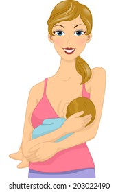 Illustration of a Young Mother Breastfeeding Her Baby