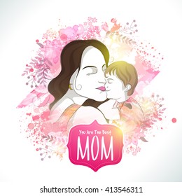 Illustration of a Young Mother with her cute Baby on stylish abstract background for Happy Mother's Day celebration.