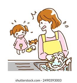 Illustration of a young mother panicking when she sees her child spilling a drink and crying while washing dishes in the kitchen.