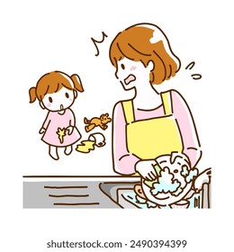Illustration of a young mother panicking when she sees her child spilling a drink while washing dishes in the kitchen.