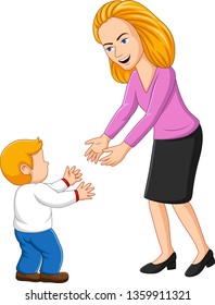 Illustration of young mother playing with her son