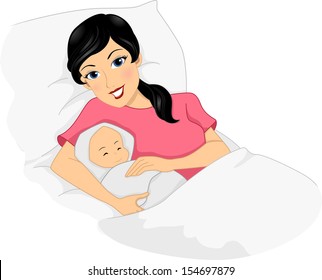 Illustration of a Young Mother Posing with Her Newly Born Baby