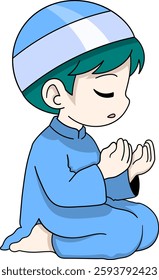 Illustration of a young Muslim boy dressed in a blue outfit, sitting and praying with devotion during the holy month of Ramadan.