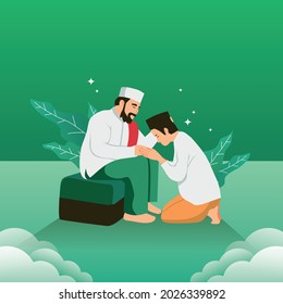 illustration of a young Muslim shaking hands and kissing the hand of an adult Muslim on the occasion of Eid ul-Fitr to show good manners with green background