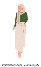 Illustration of young muslimah girl wearing hijab and abaya in portrait. Stylish and beautiful islamic hijab dress. Islamic trend fashion for woman. Flat Design