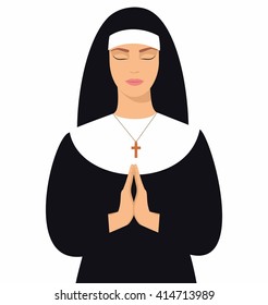 illustration of a young nun with eyes closed and hands folded in prayer. Vector illustration of woman praying
