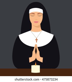 illustration of a young nun with eyes closed and hands folded in prayer. Vector illustration of woman praying