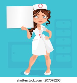 Illustration of young nurse brunette with braided pigtail on a colored background with message board