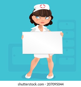 Illustration of young nurse brunette with short hair on a colored background with massage board