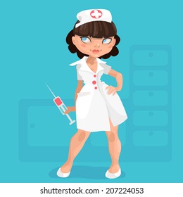 Illustration of young nurse brunette with short hair with a syringe on a colored background