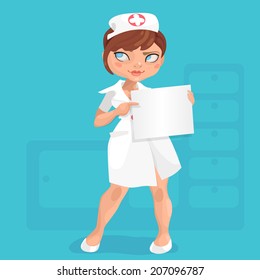Illustration of young nurse with short red hair on a colored background with massage board