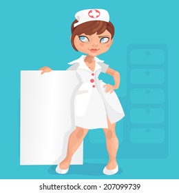 Illustration of young nurse with short red hair on a colored background with massage board