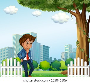 Illustration of a young office worker near the wooden fence