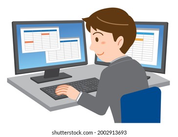 Illustration Of A Young Office Worker In A Suit Working On Two Large Screen Dual Monitors