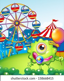 Illustration of a young one-eyed monster holding a balloon near the carnival