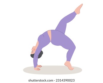 Illustration of a young overweight woman doing yoga at home. Different poses of yoga, exercises for healthy lifestyle. 