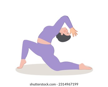 Illustration of a young overweight woman doing yoga at home. Different poses of yoga, exercises for healthy lifestyle.