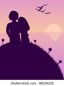 Illustration of the young pair sitting on a hill during a sunset