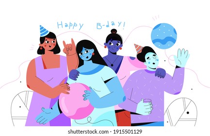 Illustration of young people celebrating birthday. Birthday party flat illustration. Unique style illustration of birthday.Girls and boys have fun and celebrating.