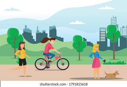 Illustration Young people doing physical activity outdoors at the park, they are running, cycling and bring the dog, healthy lifestyle  Suitable for Diagrams, Infographics, And Other Graphic Asset
