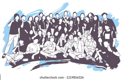 Illustration of young people, friends, classmates, students, colleagues, family posing for group photo	
