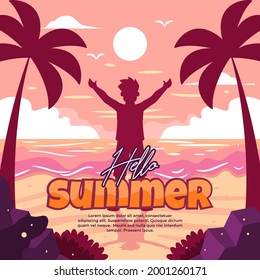 illustration of young people having fun watching the sun set in summer