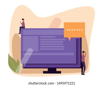 illustration of young people using mobile gadgets such as laptop, tablet pc and smartphone for social networking and blogging. Flat design of guys near big monitor