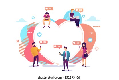 Illustration of young people using mobile gadgets such as laptop and smartphone for social networking and blogging. Flat design of guys and women near big heart. Vector illustration