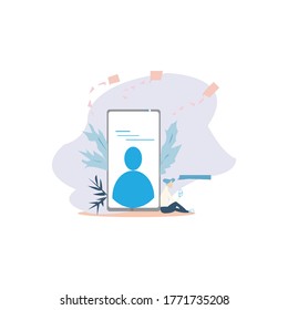 Illustration of young people using tablets and smartphones to post and share on social media. A large flat vector hashtag symbol with men and women following the trend