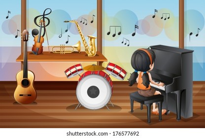 Illustration Of A Young Pianist Inside The Music Room