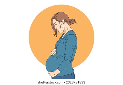 Illustration of a young pregnant Asian woman stroking her stomach, suitable for a health and family planning theme.