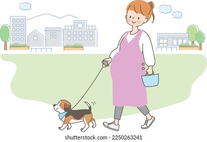 Illustration of young pregnant woman walking her dog