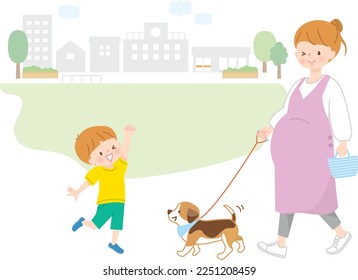 Illustration of young pregnant woman walking her dog