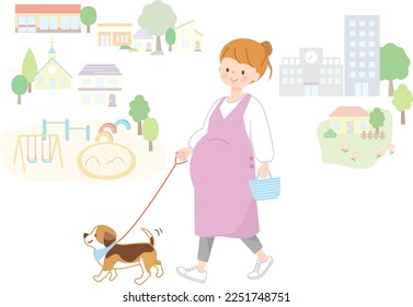 Illustration of young pregnant woman walking her dog