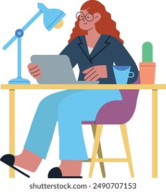 Illustration of a young professional woman working at her desk from home, using a laptop. 