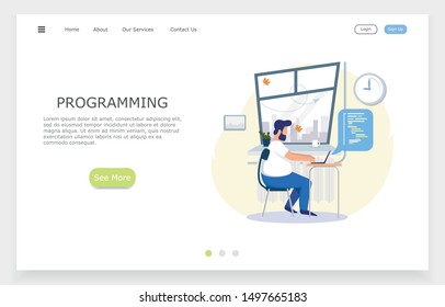illustration of a young programmer working in the office on a project, template for the landing page
