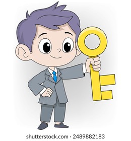 An illustration of a young real estate agent with spiky purple hair, wearing a grey suit and blue tie, confidently holding a large golden key and smiling.