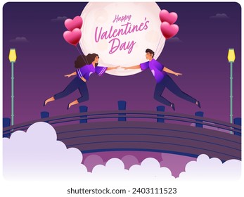 Illustration von jungen romantischen Paaren, die mit Herzballons auf Vollmond-Bridge-Hintergrund fliegen, für das Happy Valentinstag-Konzept. Kann als Grußkarte oder Poster Design verwendet werden.